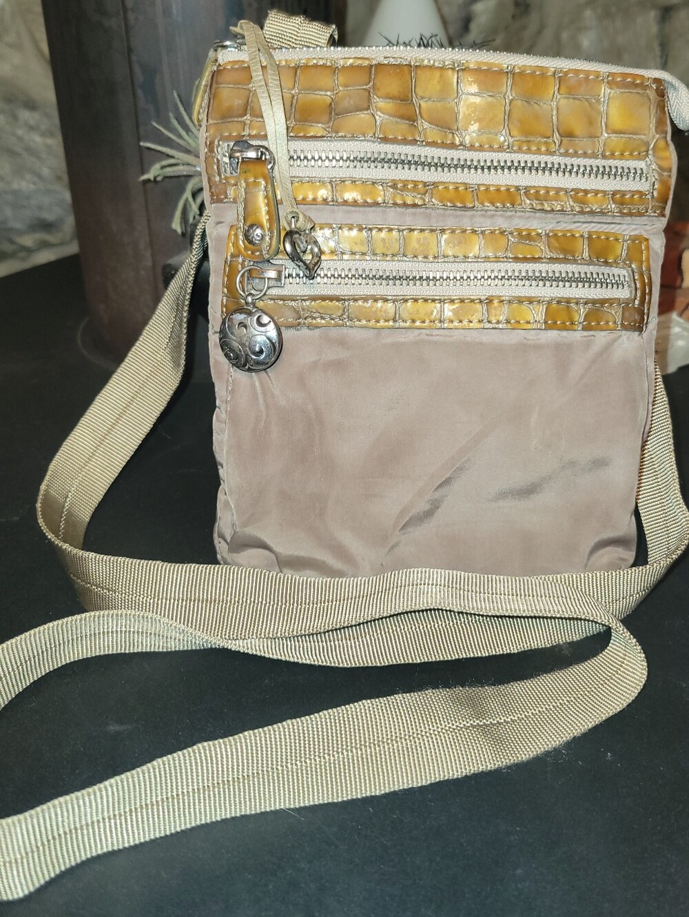 Brighton Beige Nylon Crossbody Organizer Bag Faux Croc Trim Travel Purse Daisy